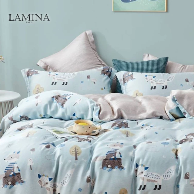 【LAMINA】雙人 100%萊賽爾天絲枕套床包組-小狐狸(可愛花色)♒70A001